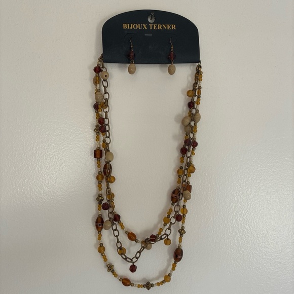 Bijoux Terner Jewelry - Bijoux Terner Multistrand Amber, Brown and Cream Beaded Necklace with Earrings